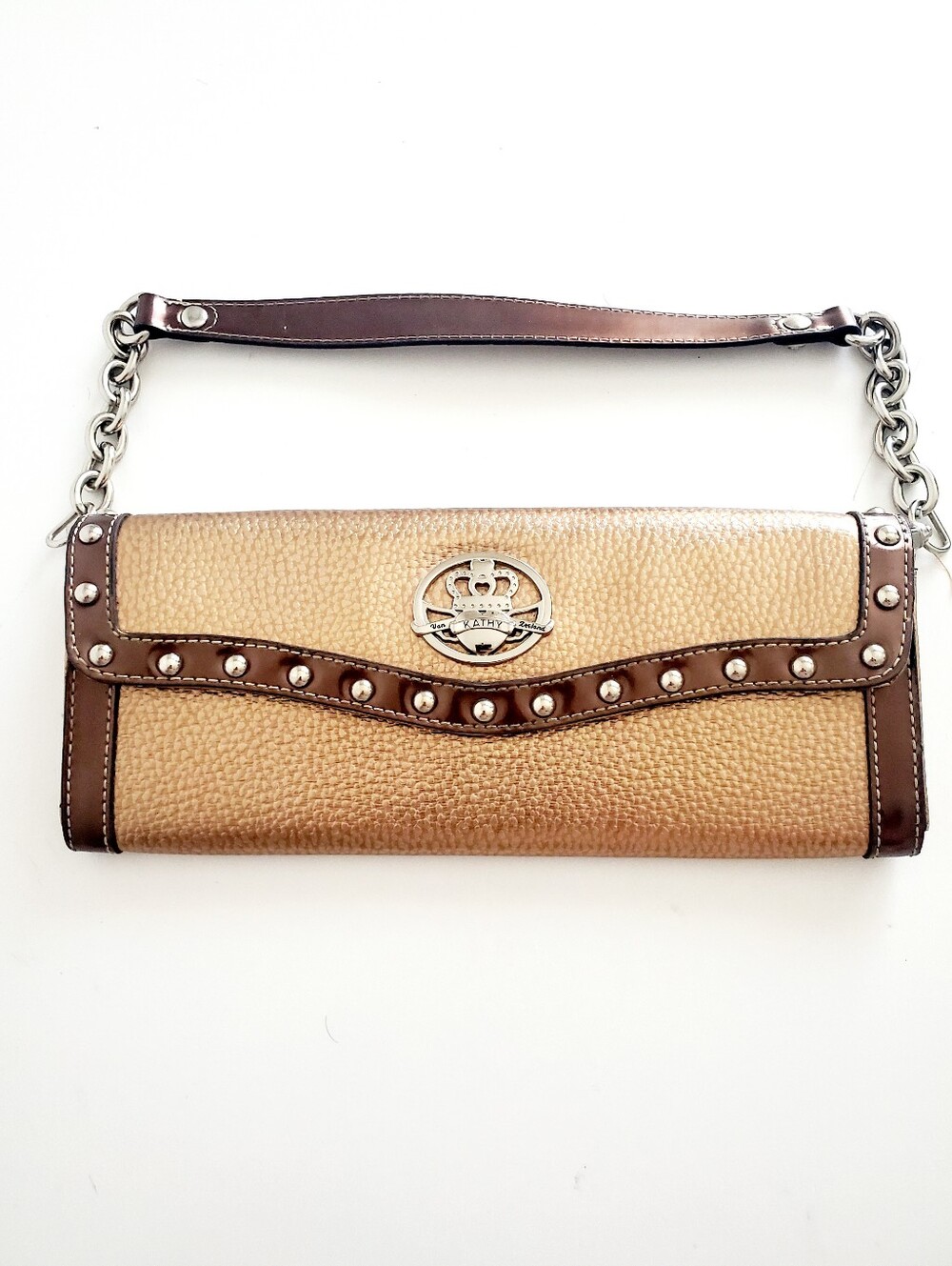 Kathy Van Zeeland Gold and Brown Studded Shoulder Clutch